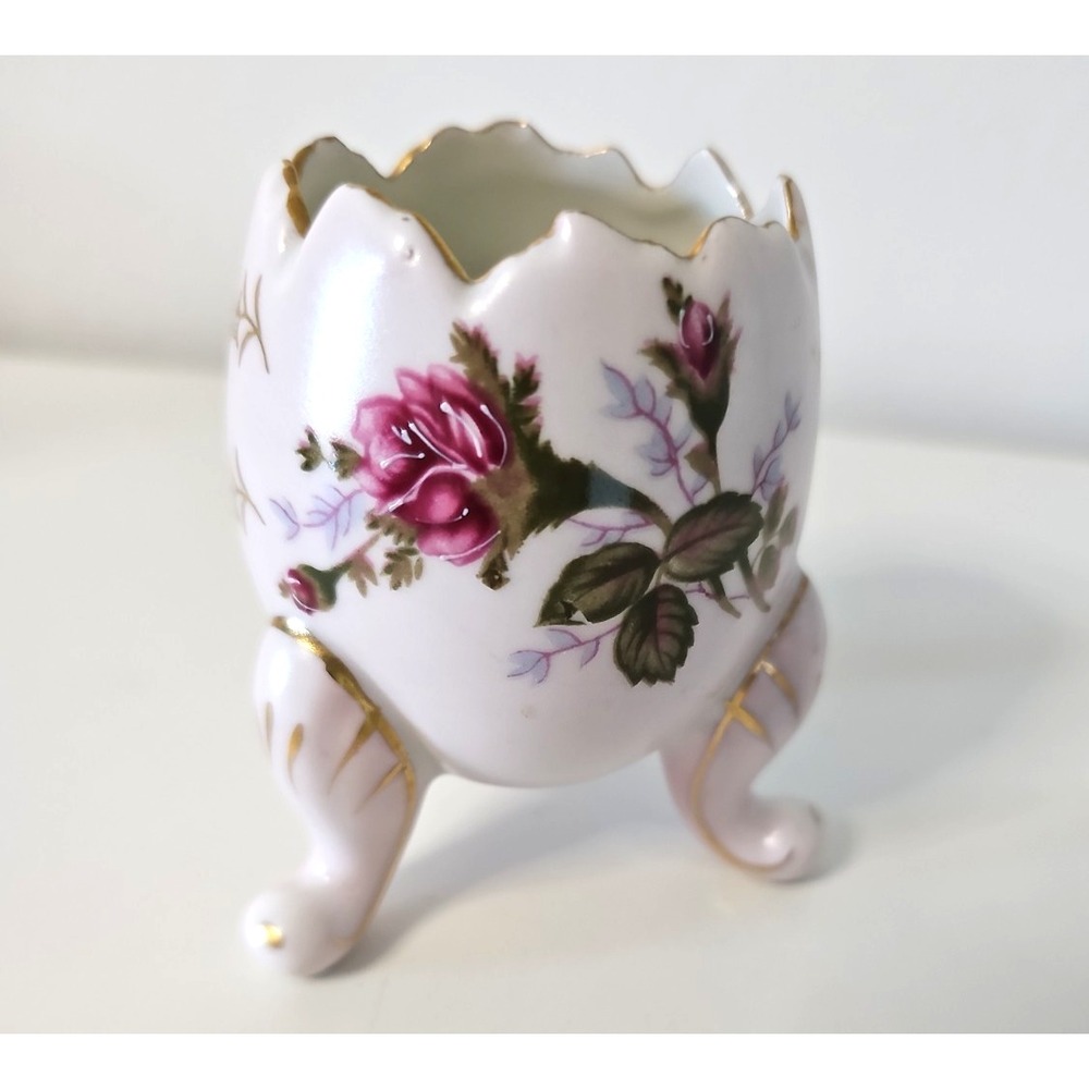 Vtg Napco Pink Floral 3 Footed Cracked Egg Vase Japan C6322